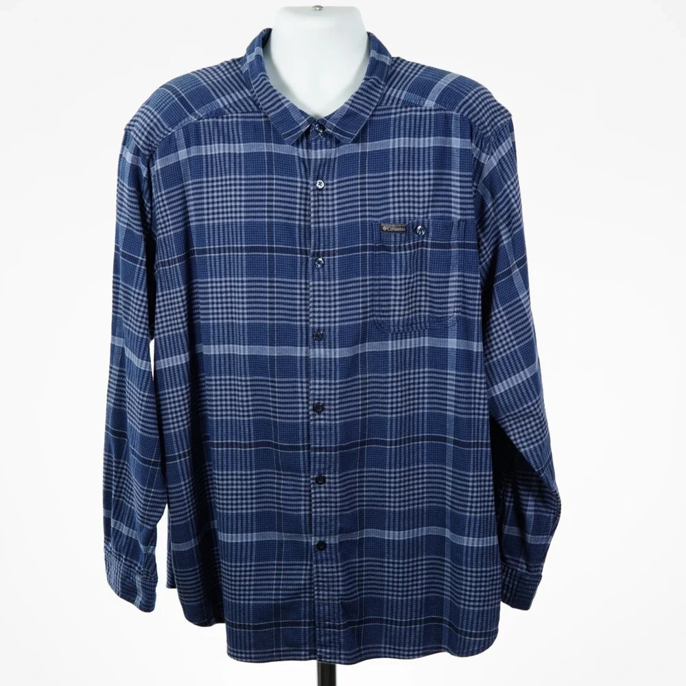 Columbia Mens 3XL Flannel Blue Plaid Button Down Shirt Big & Tall Long Sleeve